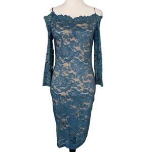 Vintage 90s Kimcine Teal Lace Off Shoulder Long Sleeve Bodycon Midi Dress Sz M